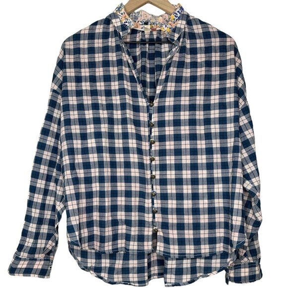 Pilcro Anthropologie Plaid Buttondown Shirt (Size M) Tavi Floral Ruffle Collar - Picture 2 of 13